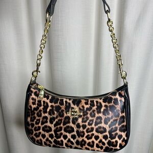 Coach Leopard-Print Leather Shoulder Bag with Gold Chain Accents